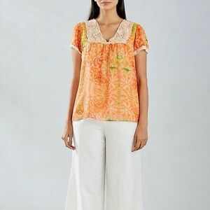 Kavita Bhartia Mango Orange Beaded Boho Blouse XS Embroidered Floral